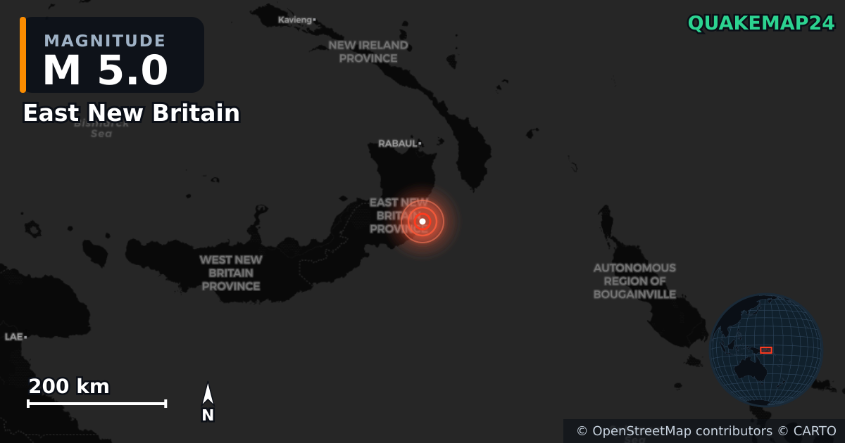 M5.0 earthquake near East New Britain on Dec 29, 2025 — map of epicenter and shaking intensity | QuakeMap24