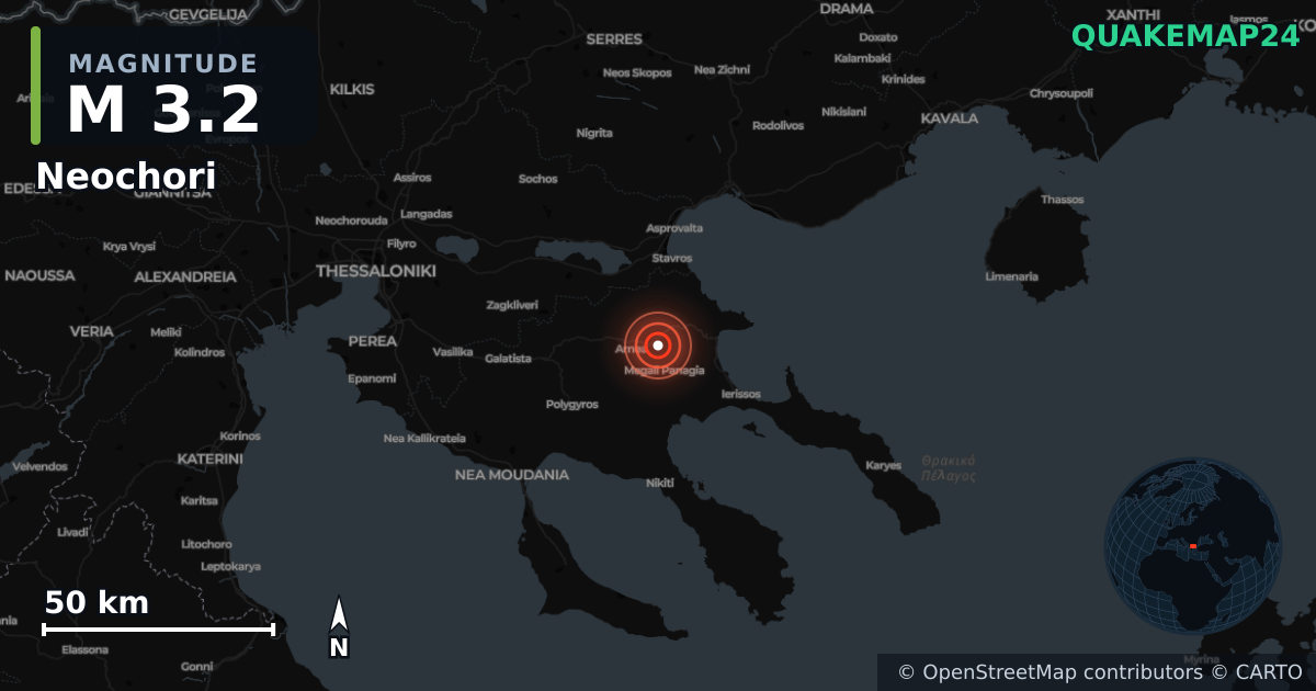 M3.2 Earthquake near Neochori, Central Macedonia (Greece) · 2026-10-30 — Map showing the location of the epicenter