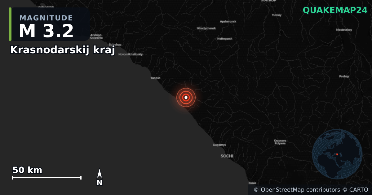 M3.2 earthquake near Krasnodarskij kraj on Nov 10, 2025 — map of epicenter and shaking intensity | QuakeMap24
