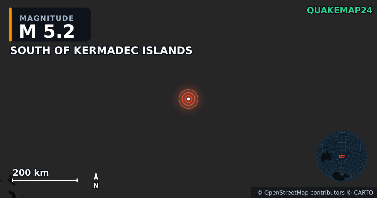 Erdbeben M5,2 bei SOUTH OF KERMADEC ISLANDS — Karte der Lage des Epizentrums