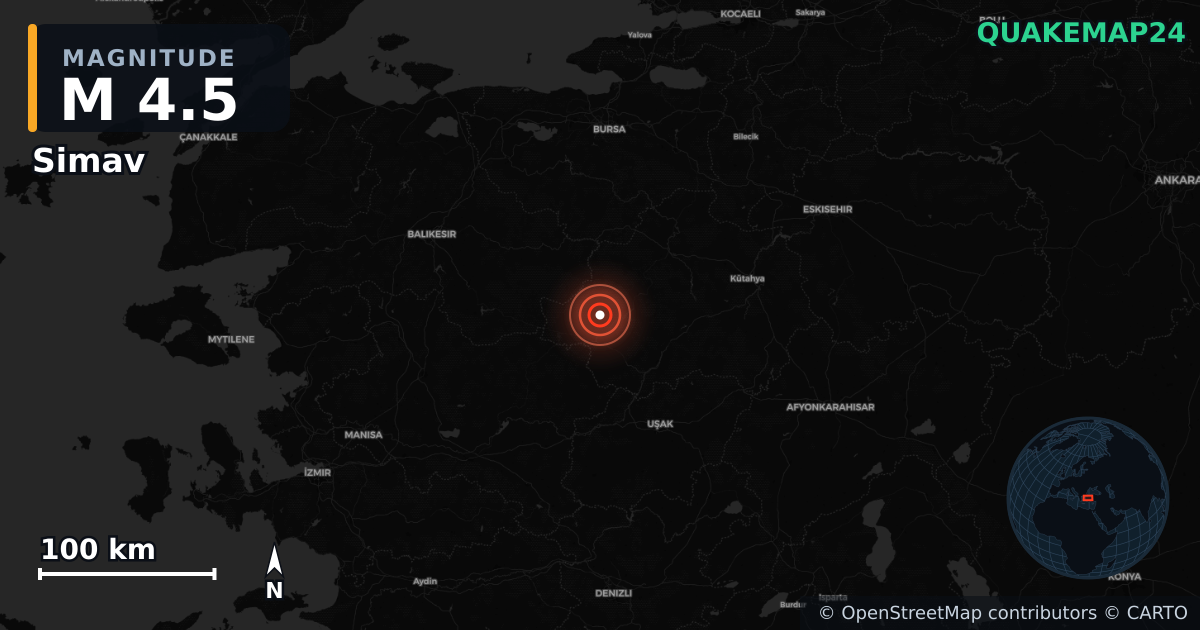 M4.5 earthquake near Simav on Sep 28, 2025 — map of epicenter and shaking intensity | QuakeMap24