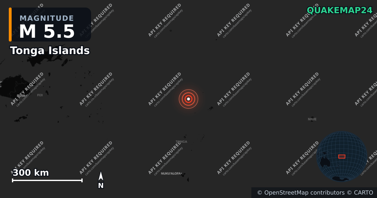 M5.5 earthquake near Tonga Islands on Apr 13, 2026 — map of epicenter and shaking intensity | QuakeMap24