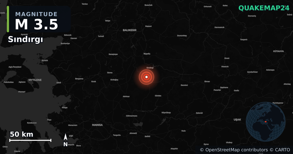 M3.5 earthquake near Sındırgı on Aug 10, 2025 — map of epicenter and shaking intensity | QuakeMap24