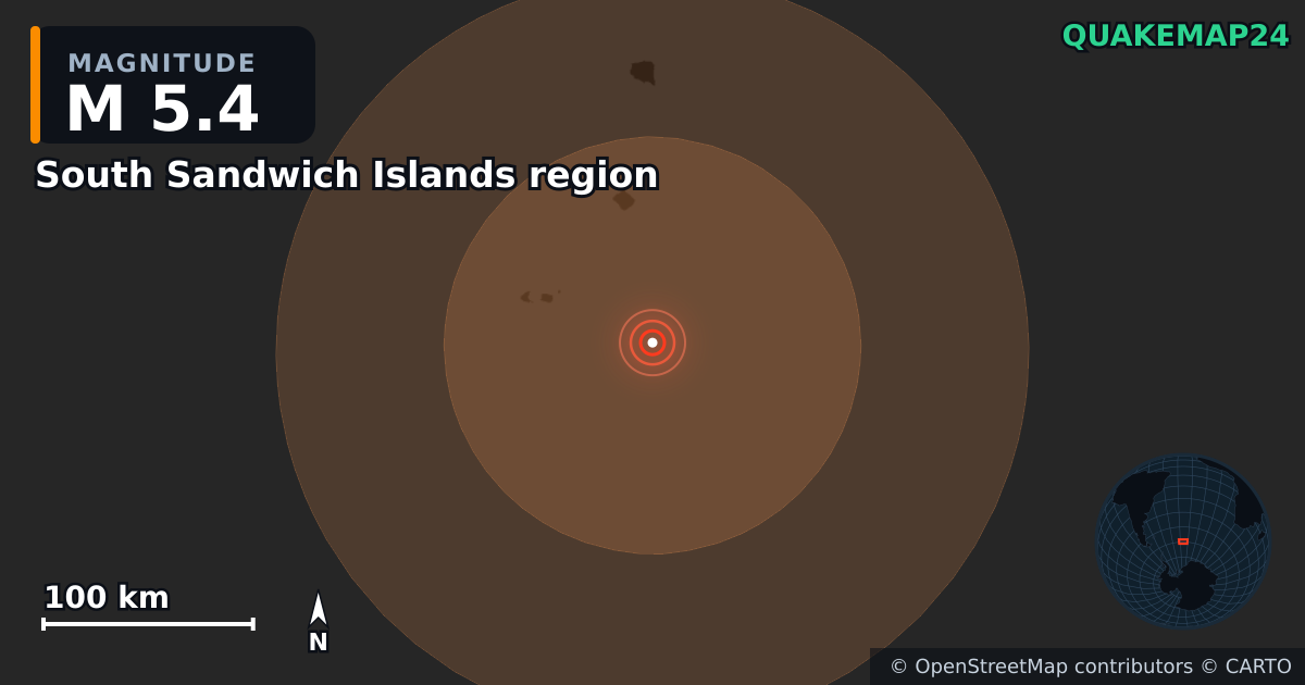 M5.4 earthquake near South Sandwich Islands region on Jul 11, 2026 — map of epicenter and shaking intensity | QuakeMap24