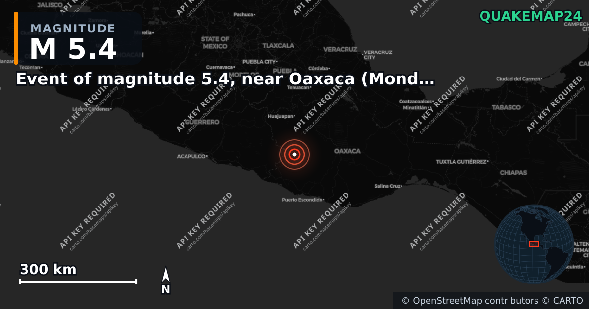 M5.4 earthquake near Event of magnitude 5.4, near Oaxaca (Monde) on May 4, 2026 — map of epicenter and shaking intensity | QuakeMap24