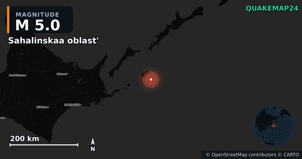 M5.0 earthquake near Sahalinskaa oblast' on Jul 6, 2025 — map of epicenter and shaking intensity | QuakeMap24