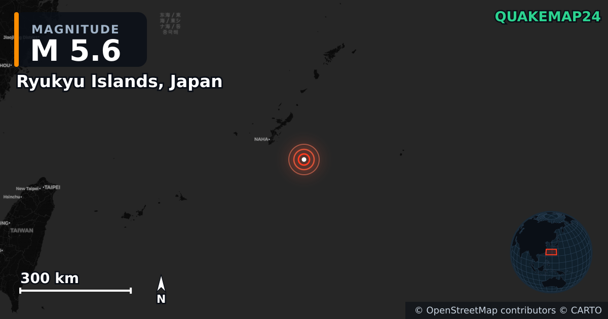 M5.6 earthquake near Ryukyu Islands, Japan on Feb 12, 2026 — map of epicenter and shaking intensity | QuakeMap24