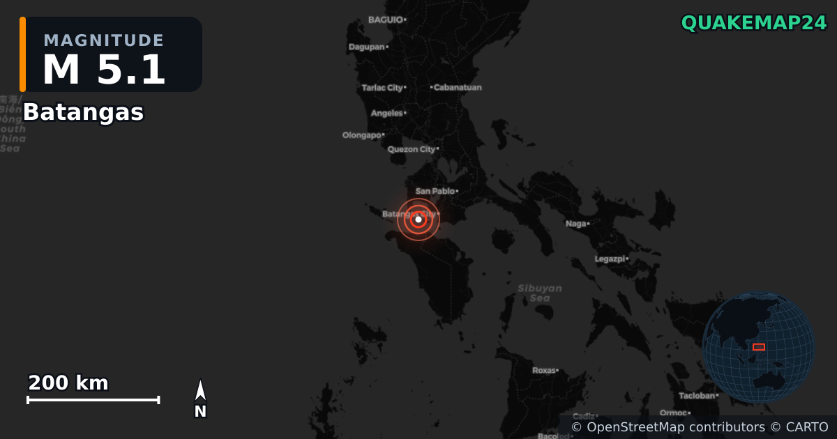 M5.1 earthquake near Batangas on Jun 9, 2025 — map of epicenter and shaking intensity | QuakeMap24