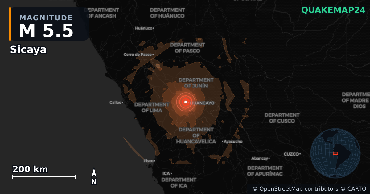 M5.5 earthquake near Sicaya on Jul 19, 2026 — map of epicenter and shaking intensity | QuakeMap24