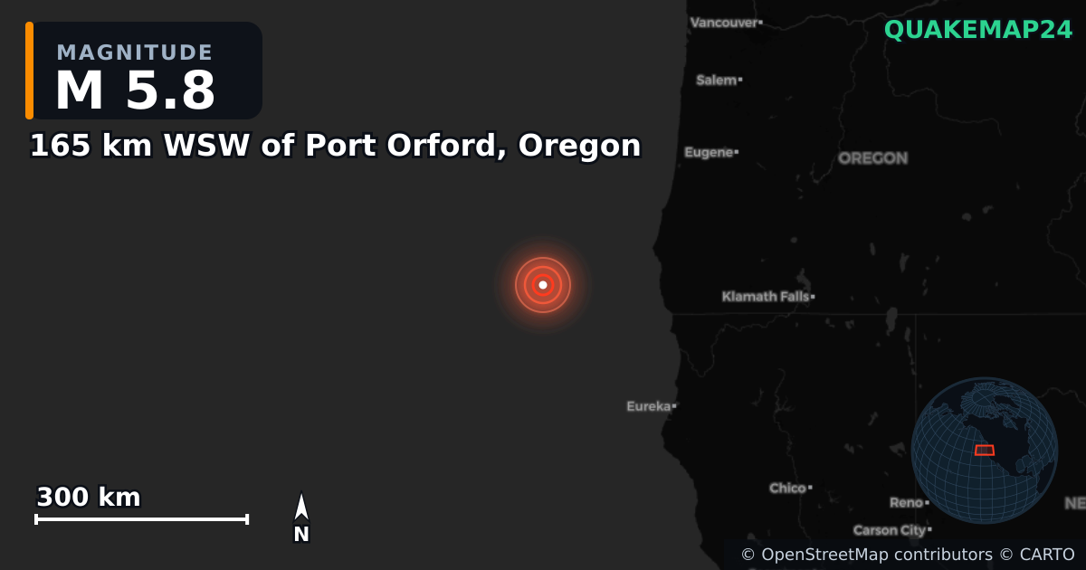 M5.8 earthquake near 165 km WSW of Port Orford, Oregon on Sep 9, 2025 — map of epicenter and shaking intensity | QuakeMap24