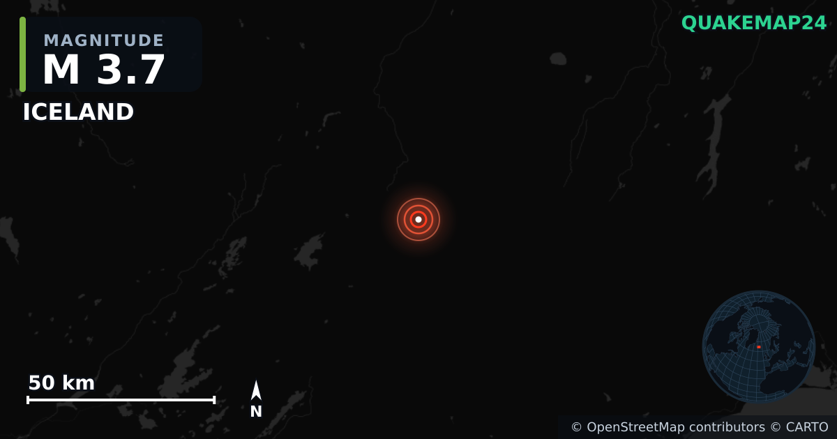 M3.7 earthquake near ICELAND on Sep 4, 2025 — map of epicenter and shaking intensity | QuakeMap24