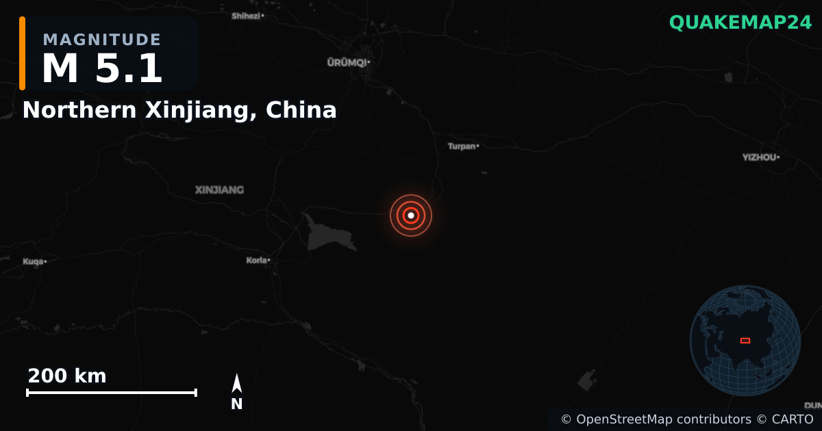 Erdbeben M5,1 bei Northern Xinjiang, China · 2026-05-03 — Karte der Lage des Epizentrums