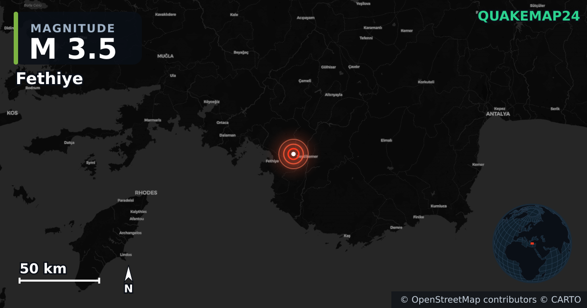 Sismo de M3,5 perto de Fethiye (Turquia) · 2026-01-01 — Mapa da localização do epicentro