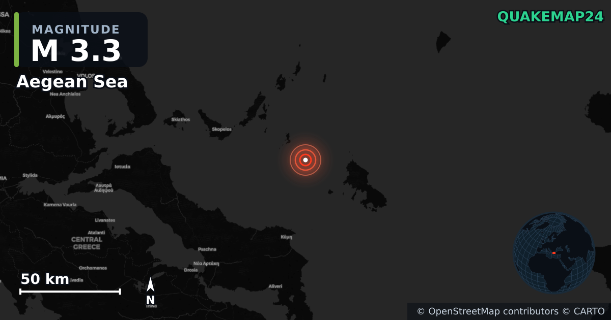 M3.3 earthquake near Aegean Sea on Nov 24, 2025 — map of epicenter and shaking intensity | QuakeMap24