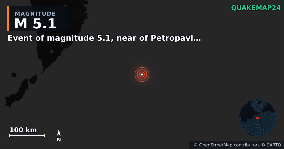 M5.1 earthquake near Event of magnitude 5.1, near of Petropavlovsk Kamchatskiy (Monde) on Feb 11, 2026 — map of epicenter and shaking intensity | QuakeMap24