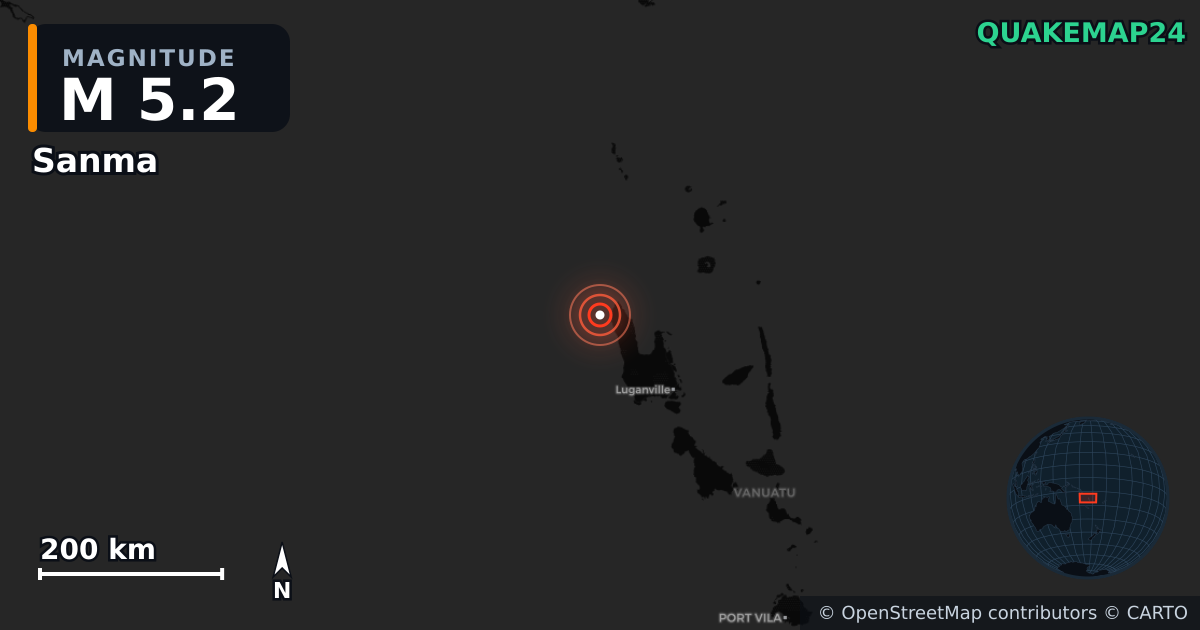 M5.2 earthquake near Sanma on Dec 7, 2025 — map of epicenter and shaking intensity | QuakeMap24