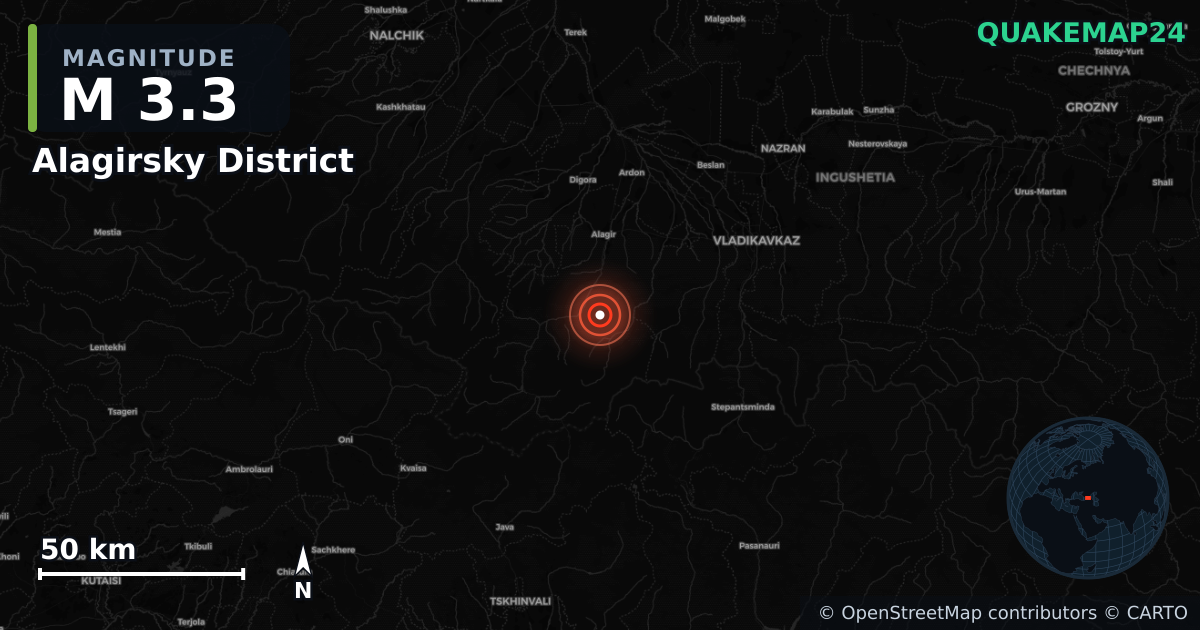 M3.3 earthquake near Alagirsky District on Aug 6, 2026 — map of epicenter and shaking intensity | QuakeMap24