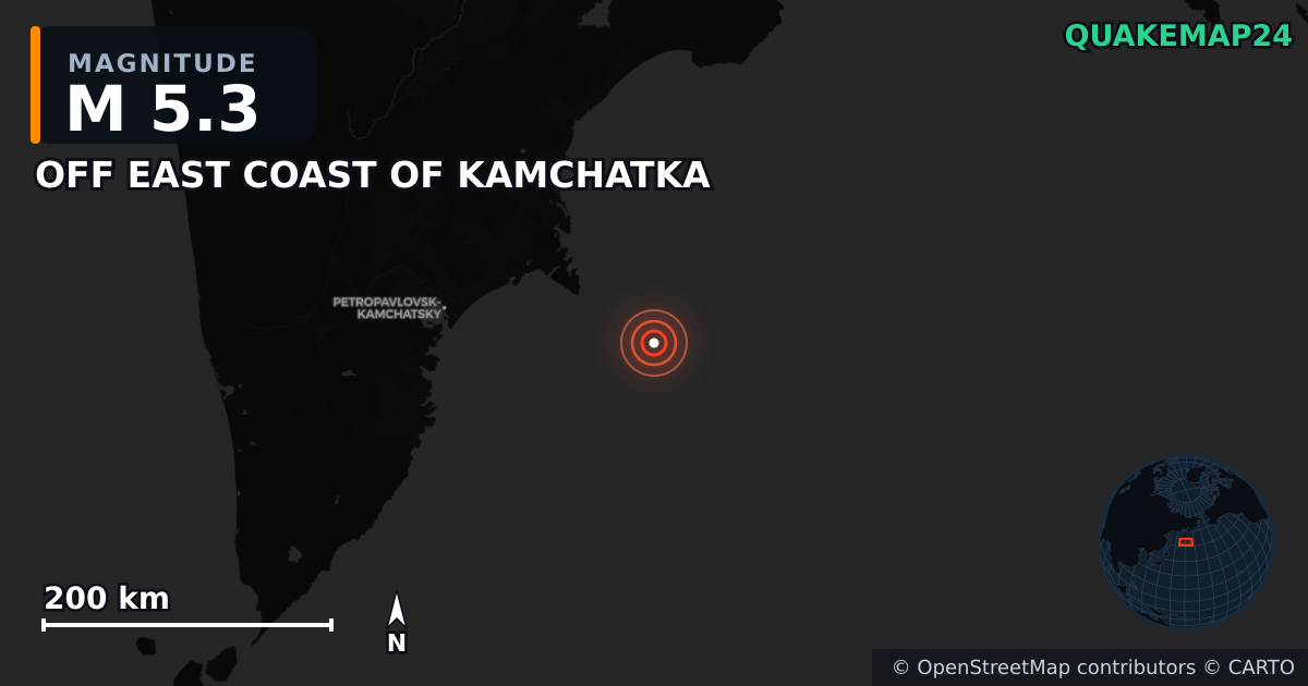 M5.3 earthquake near OFF EAST COAST OF KAMCHATKA on Jul 20, 2025 — map of epicenter and shaking intensity | QuakeMap24