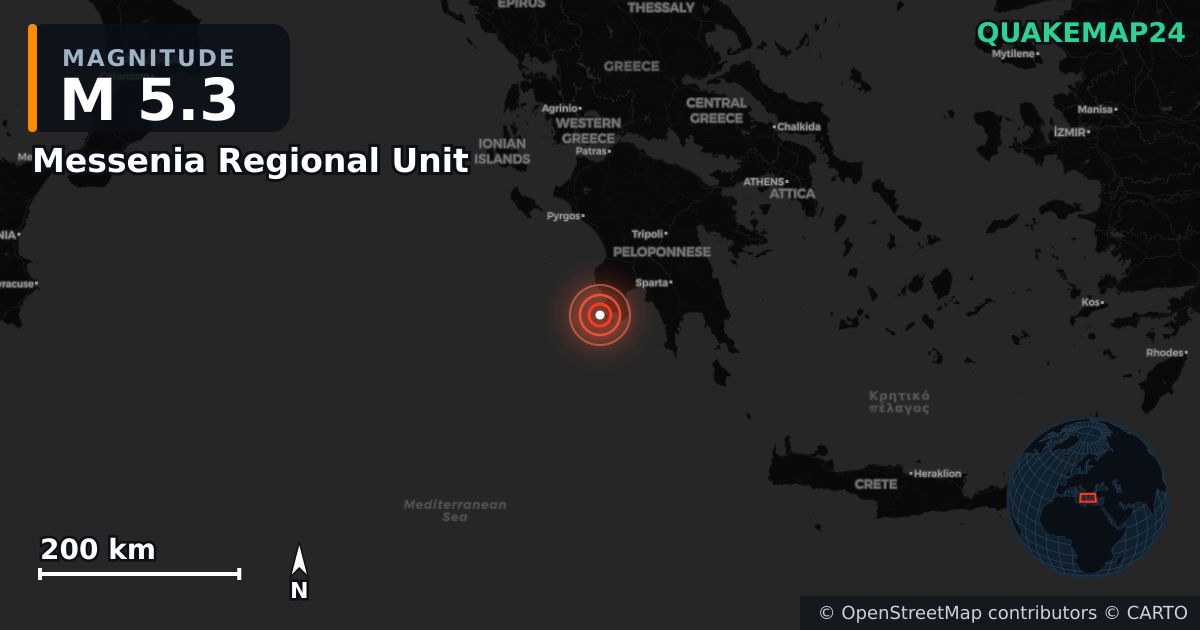 Erdbeben M5,3 bei Messenia Regional Unit, Peloponnese Region (Griechenland) · 2026-06-14 — Karte der Lage des Epizentrums