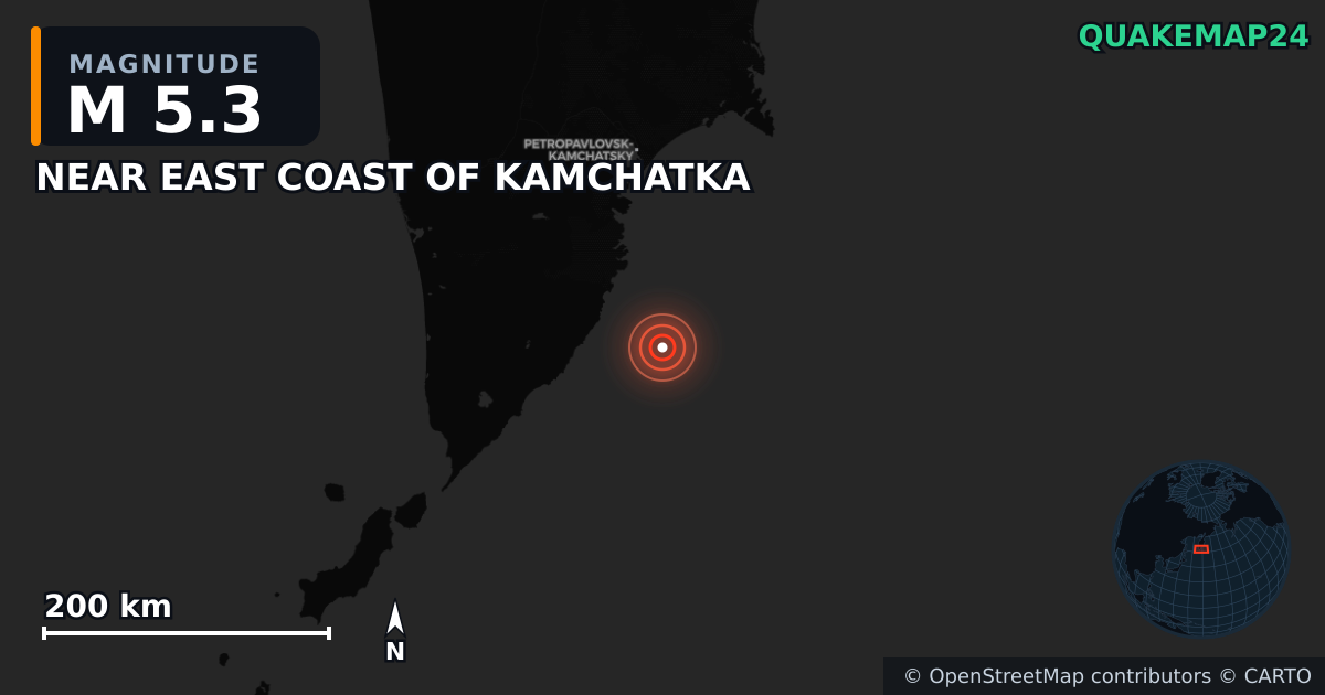 M5.3 earthquake near NEAR EAST COAST OF KAMCHATKA on Jul 19, 2026 — map of epicenter and shaking intensity | QuakeMap24
