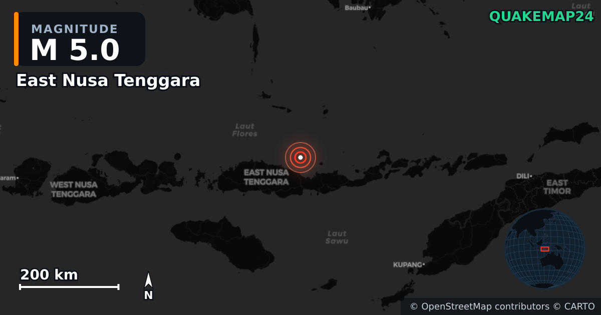M5.0 earthquake near East Nusa Tenggara on Aug 20, 2026 — map of epicenter and shaking intensity | QuakeMap24
