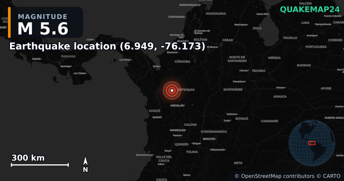 M5.6 earthquake near Earthquake location (6.949, -76.173) on Sep 14, 2025 — map of epicenter and shaking intensity | QuakeMap24