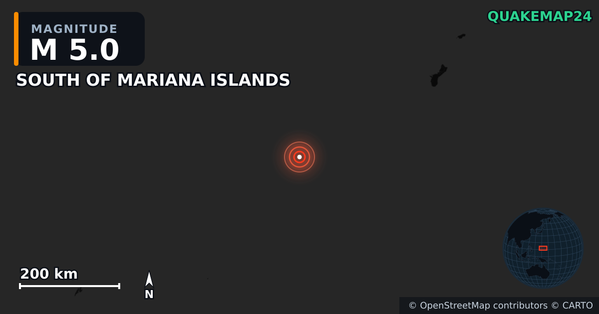 Séisme de M5,0 près de SOUTH OF MARIANA ISLANDS · 2025-09-22 — Carte de localisation de l’épicentre