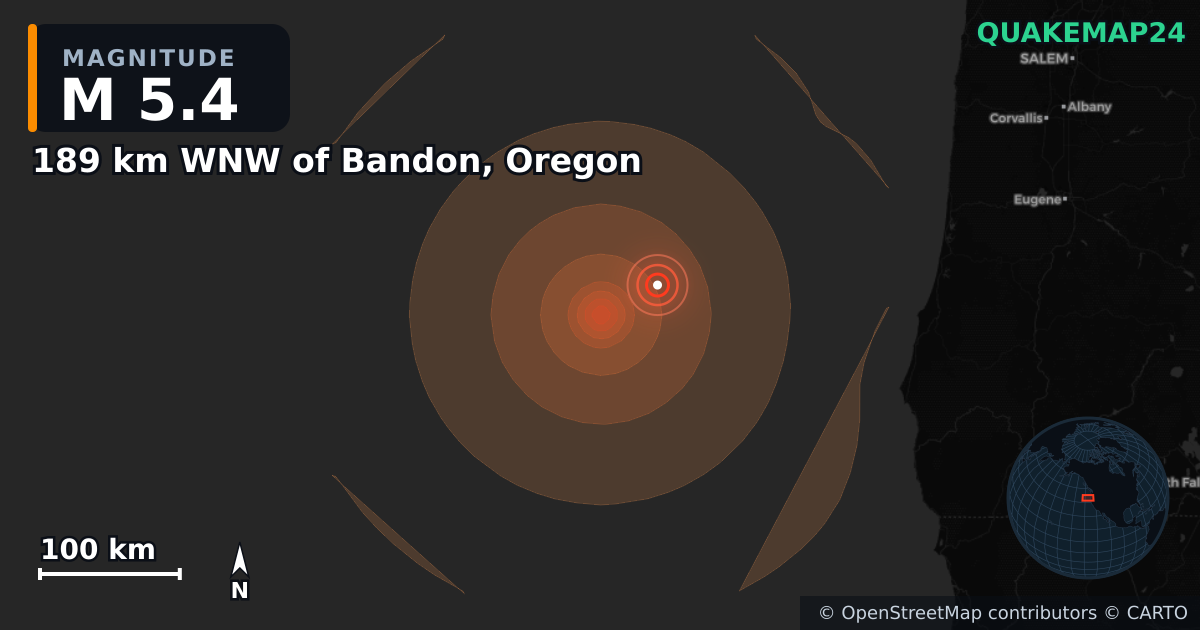 189 km WNW of Bandon, Oregon yakınında M5,4 deprem — Deprem merkez üssünün konumunu gösteren harita