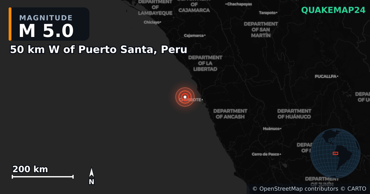 M5.0 earthquake near 50 km W of Puerto Santa, Peru on Dec 28, 2025 — map of epicenter and shaking intensity | QuakeMap24