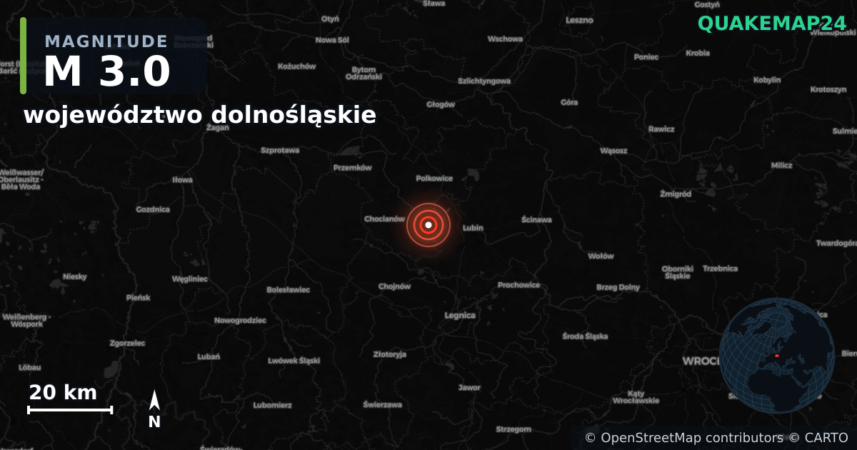 M3.0 earthquake near województwo dolnośląskie on Jul 8, 2025 — map of epicenter and shaking intensity | QuakeMap24