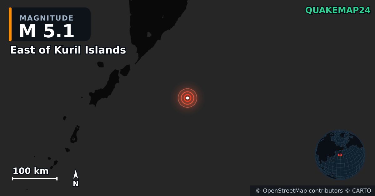 M5.1 earthquake near East of Kuril Islands on Jul 30, 2025 — map of epicenter and shaking intensity | QuakeMap24