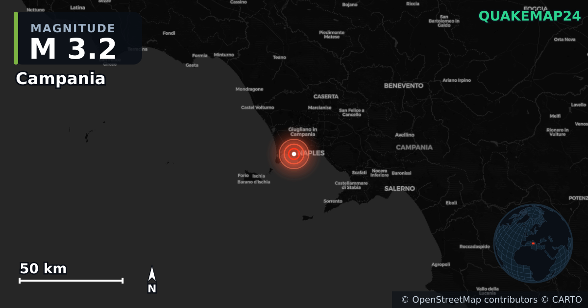 M3.2 earthquake near Campania on Jun 5, 2025 — map of epicenter and shaking intensity | QuakeMap24