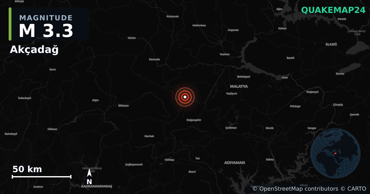 M3.3 earthquake near Akçadağ on May 21, 2025 — map of epicenter and shaking intensity | QuakeMap24