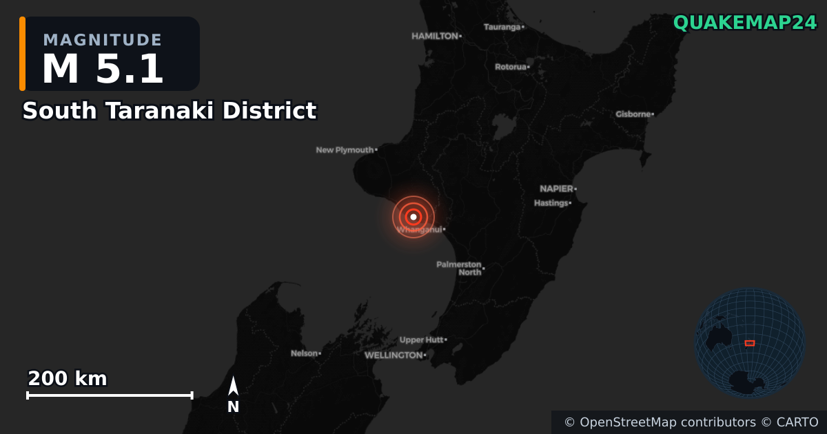 M5.1 earthquake near South Taranaki District on Jan 8, 2026 — map of epicenter and shaking intensity | QuakeMap24