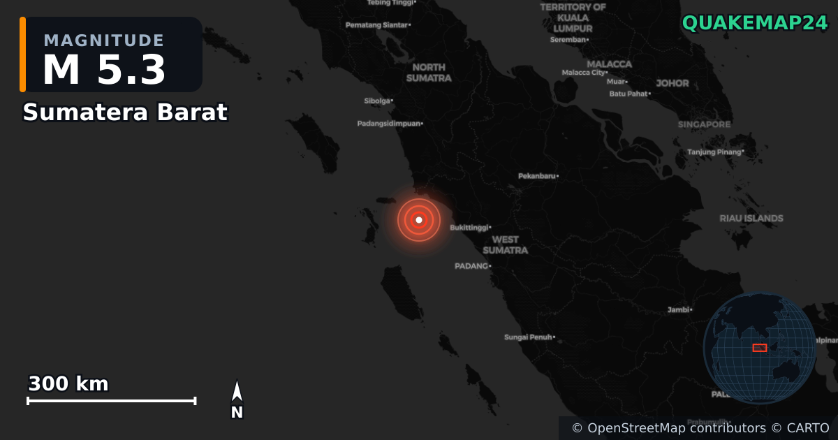 M5.3 earthquake near Sumatera Barat on Jul 17, 2025 — map of epicenter and shaking intensity | QuakeMap24