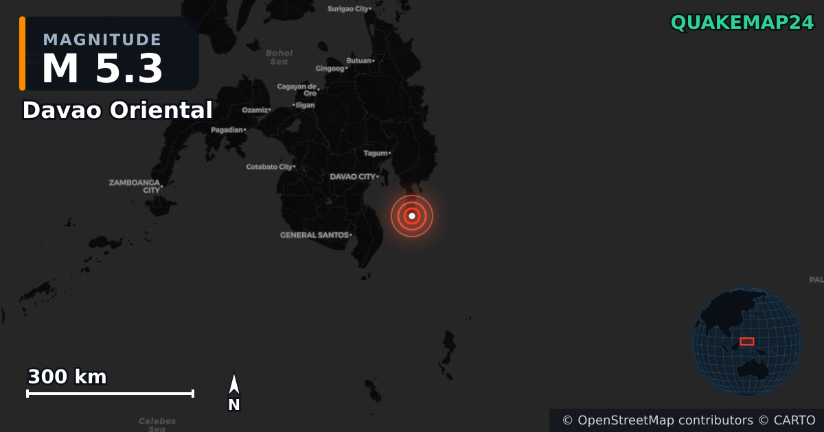 M5.3 earthquake near Davao Oriental on Nov 25, 2025 — map of epicenter and shaking intensity | QuakeMap24