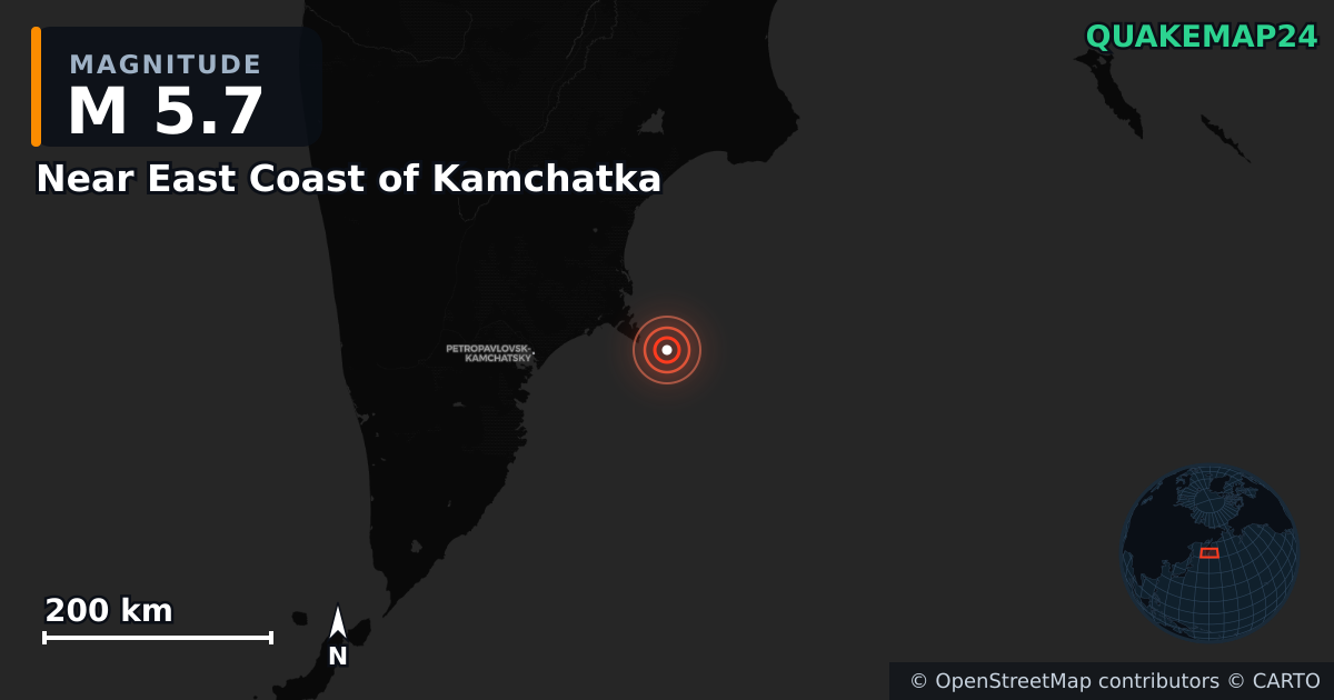 M5.7 earthquake near Near East Coast of Kamchatka on Sep 20, 2025 — map of epicenter and shaking intensity | QuakeMap24