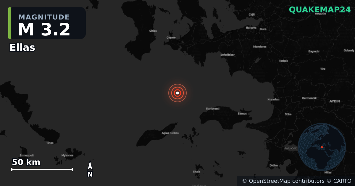 M3.2 earthquake near Ellas on Oct 27, 2025 — map of epicenter and shaking intensity | QuakeMap24