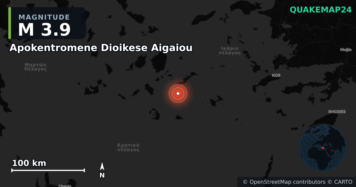 M3.9 earthquake near Apokentromene Dioikese Aigaiou on Sep 15, 2025 — map of epicenter and shaking intensity | QuakeMap24