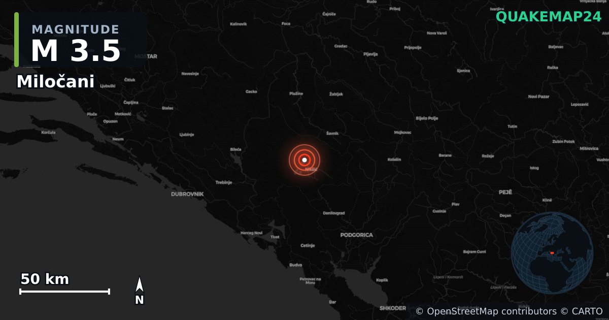 M3.5 earthquake near Miločani on Oct 29, 2025 — map of epicenter and shaking intensity | QuakeMap24