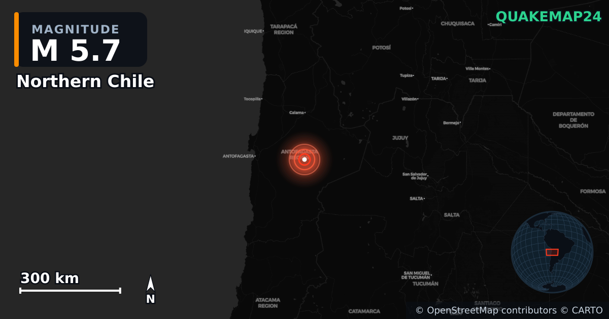 M5.7 earthquake near Northern Chile on Sep 24, 2025 — map of epicenter and shaking intensity | QuakeMap24