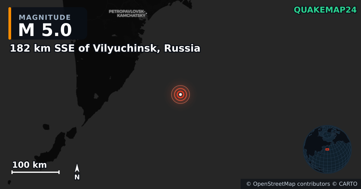 M5.0 earthquake near 182 km SSE of Vilyuchinsk, Russia on Sep 11, 2025 — map of epicenter and shaking intensity | QuakeMap24