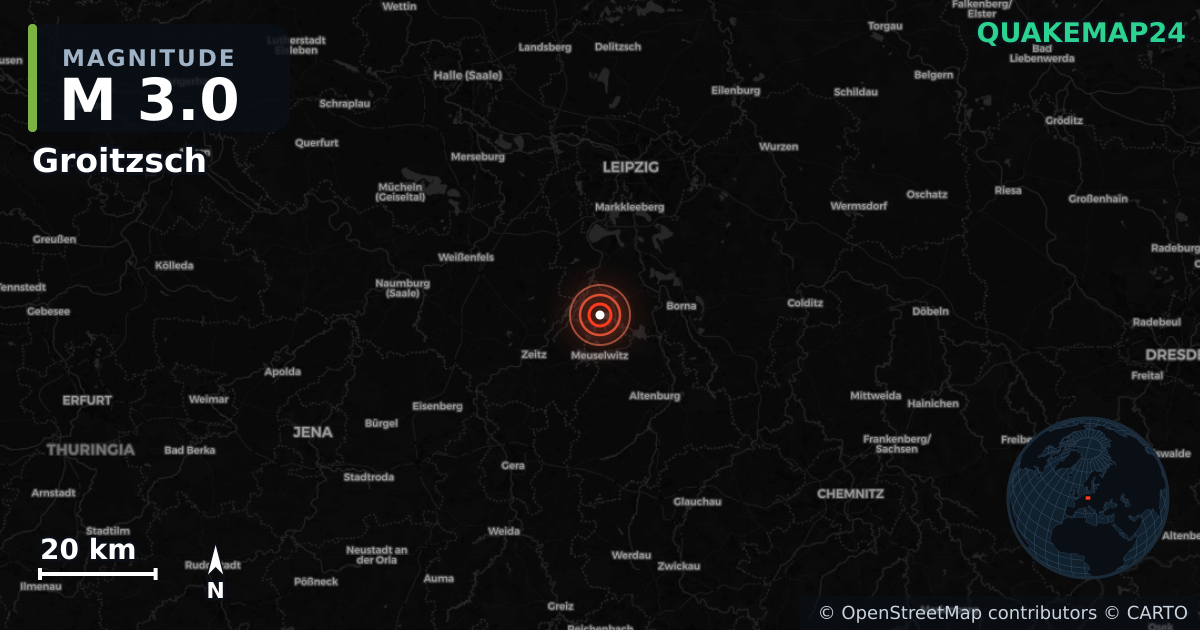 M3.0 earthquake near Groitzsch on Apr 14, 2026 — map of epicenter and shaking intensity | QuakeMap24