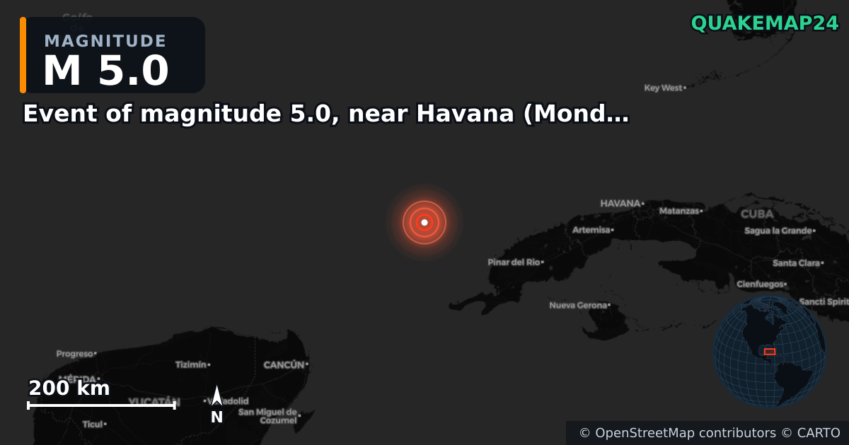 M5.0 earthquake near Event of magnitude 5.0, near Havana (Monde) on Jun 15, 2026 — map of epicenter and shaking intensity | QuakeMap24