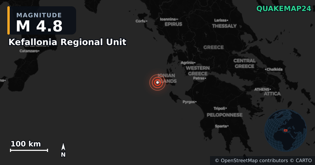M5.0 Earthquake near Kefallonia Regional Unit, Ioanian Islands (Greece) · 2026-09-12 — Map showing the location of the epicenter
