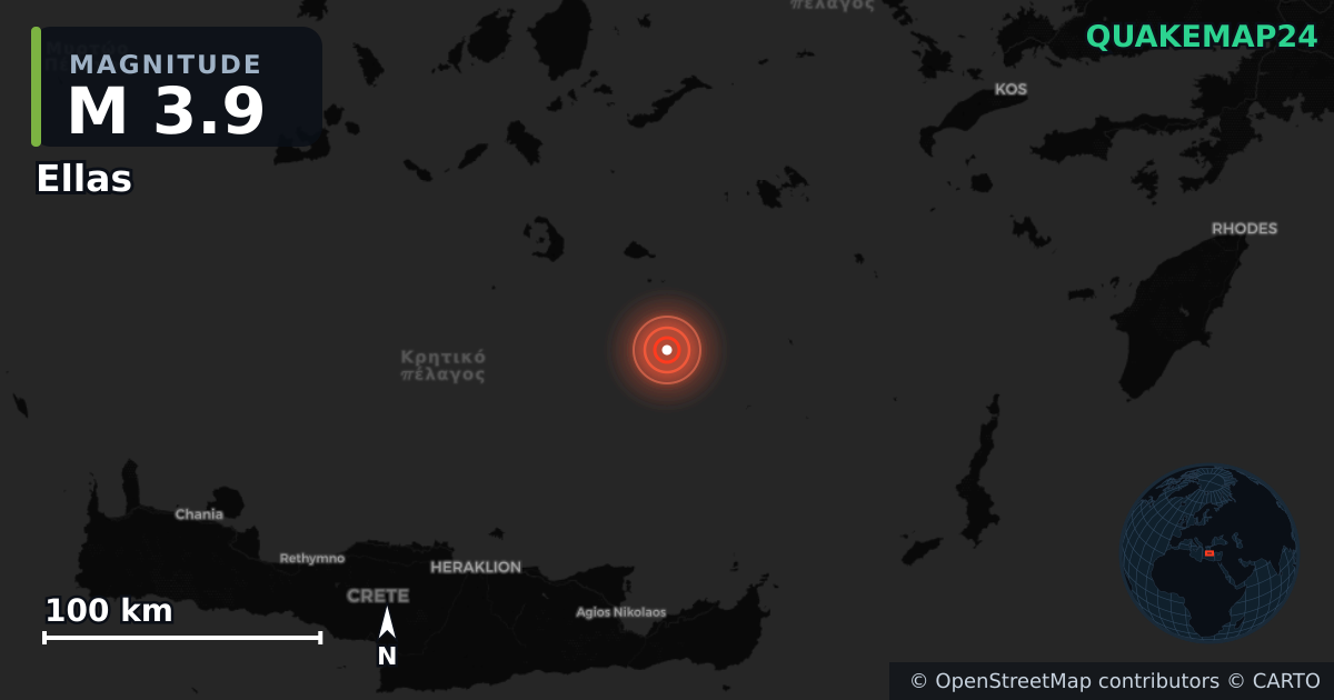 M3.9 earthquake near Ellas on Feb 10, 2026 — map of epicenter and shaking intensity | QuakeMap24