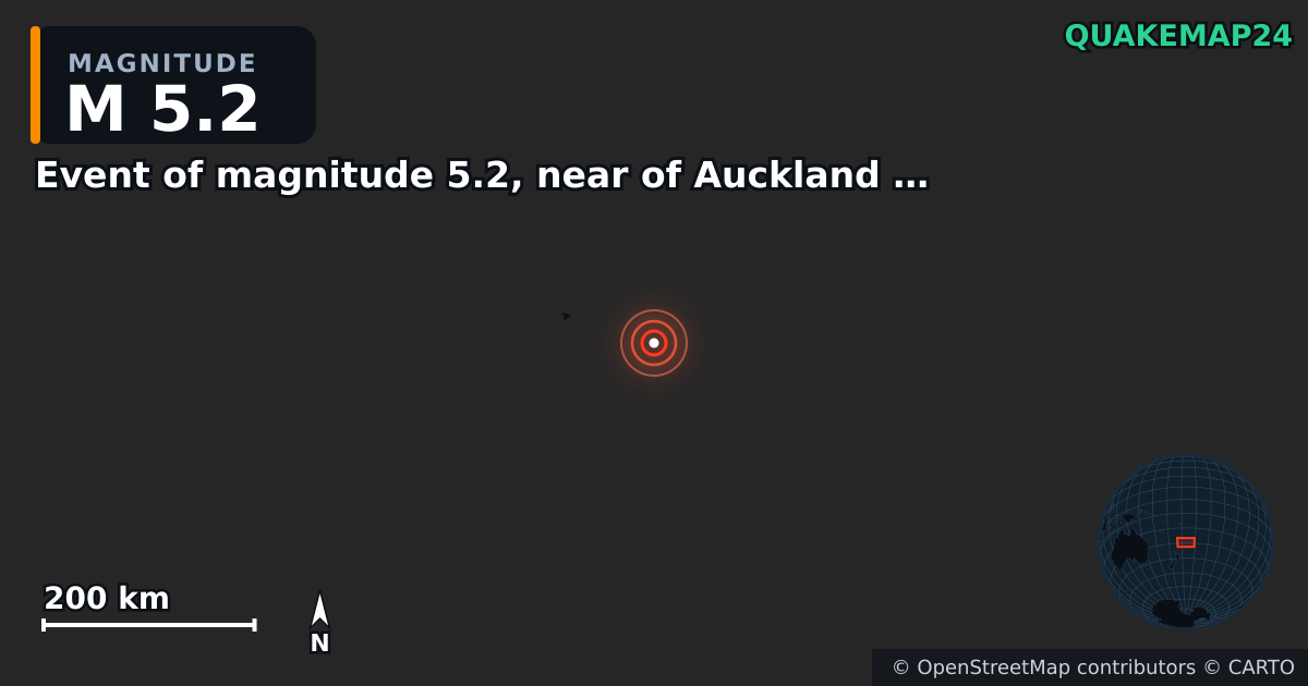 M5.2 earthquake near Event of magnitude 5.2, near of Auckland (Monde) on Jan 30, 2026 — map of epicenter and shaking intensity | QuakeMap24