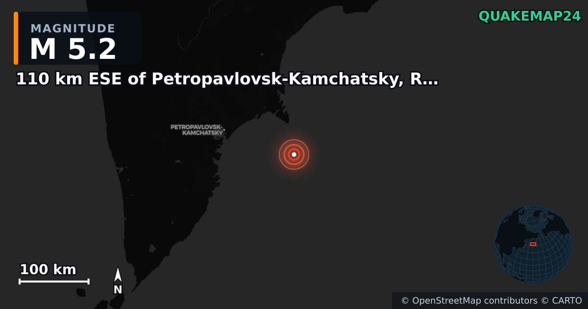 110 km ESE of Petropavlovsk-Kamchatsky, Russia yakınında M5,2 deprem — Deprem merkez üssünün konumunu gösteren harita