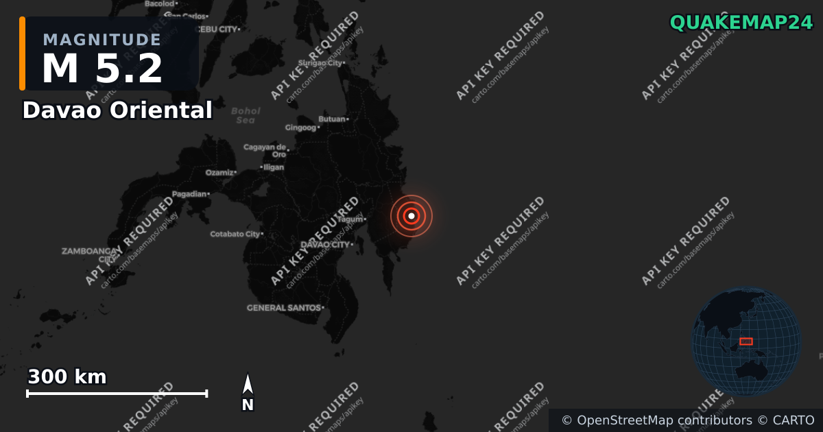 M5.2 earthquake near Davao Oriental on Aug 22, 2025 — map of epicenter and shaking intensity | QuakeMap24