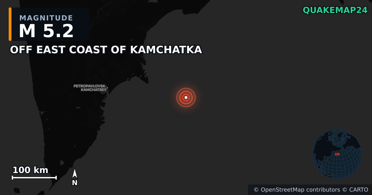 M5.2 earthquake near OFF EAST COAST OF KAMCHATKA on Sep 18, 2025 — map of epicenter and shaking intensity | QuakeMap24